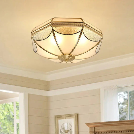 Vintage Scalloped Frosted Glass Flush Mount Light With Brass Finish - 3 Lights For Bedroom Ceiling
