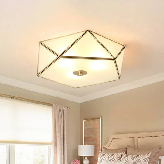 Vintage Scalloped Frosted Glass Flush Mount Light With Brass Finish - 3 Lights For Bedroom Ceiling