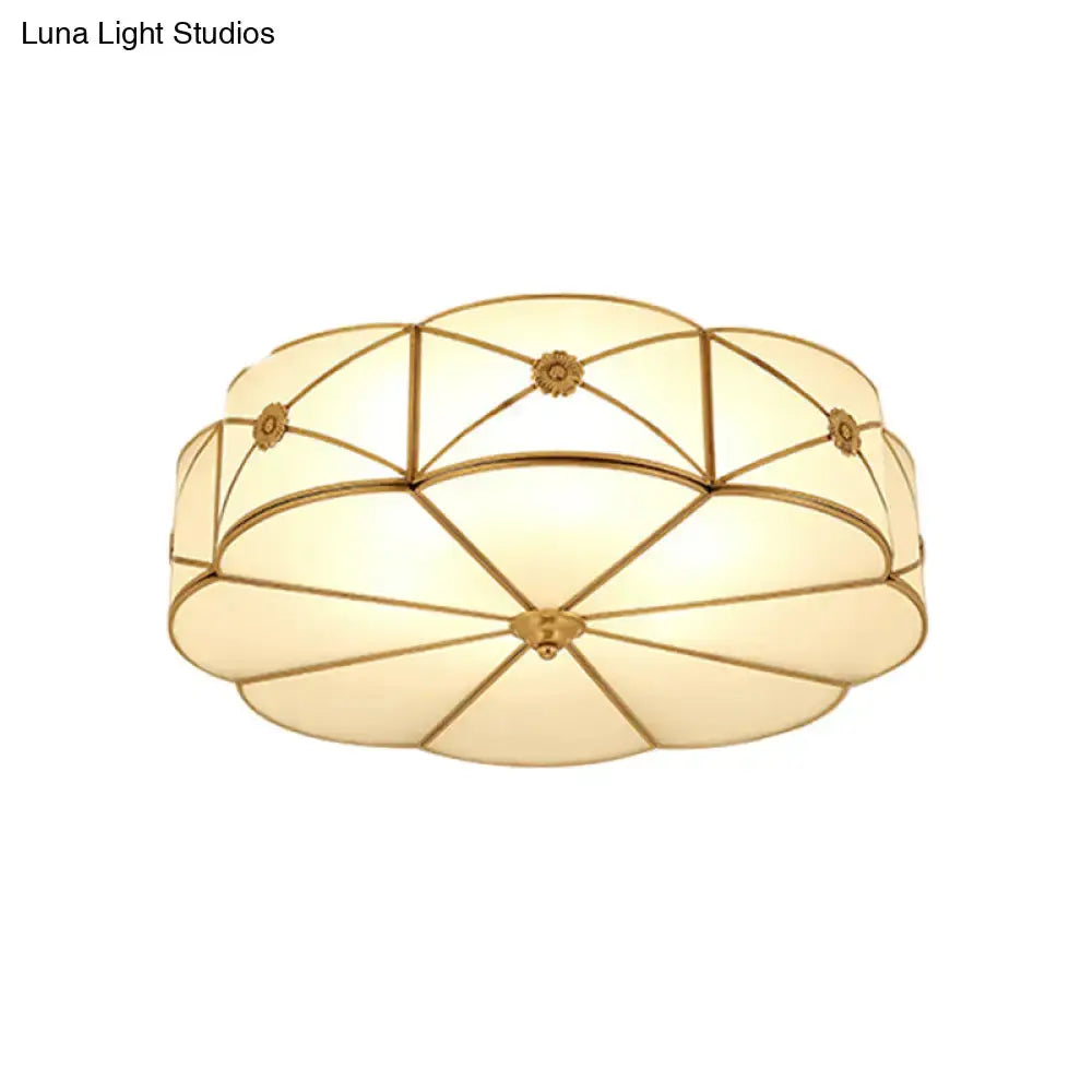 Vintage Scalloped Frosted Glass Flush Mount Light With Brass Finish - 3 Lights For Bedroom Ceiling