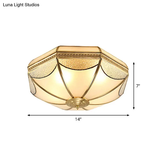 Vintage Scalloped Frosted Glass Flush Mount Light With Brass Finish - 3 Lights For Bedroom Ceiling