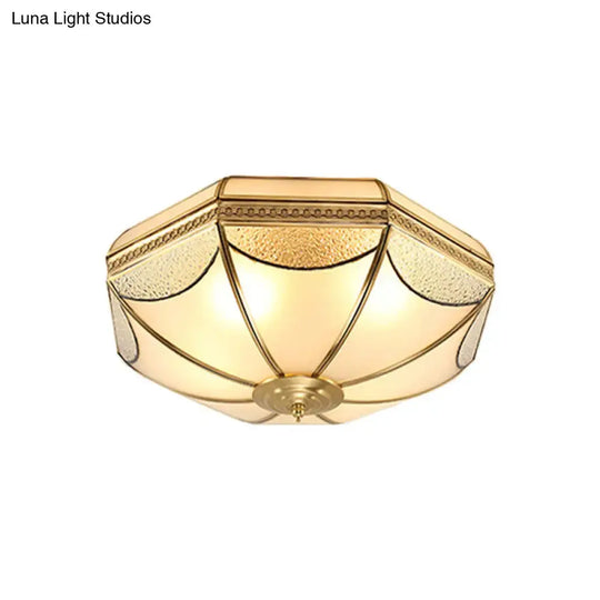 Vintage Scalloped Frosted Glass Flush Mount Light With Brass Finish - 3 Lights For Bedroom Ceiling
