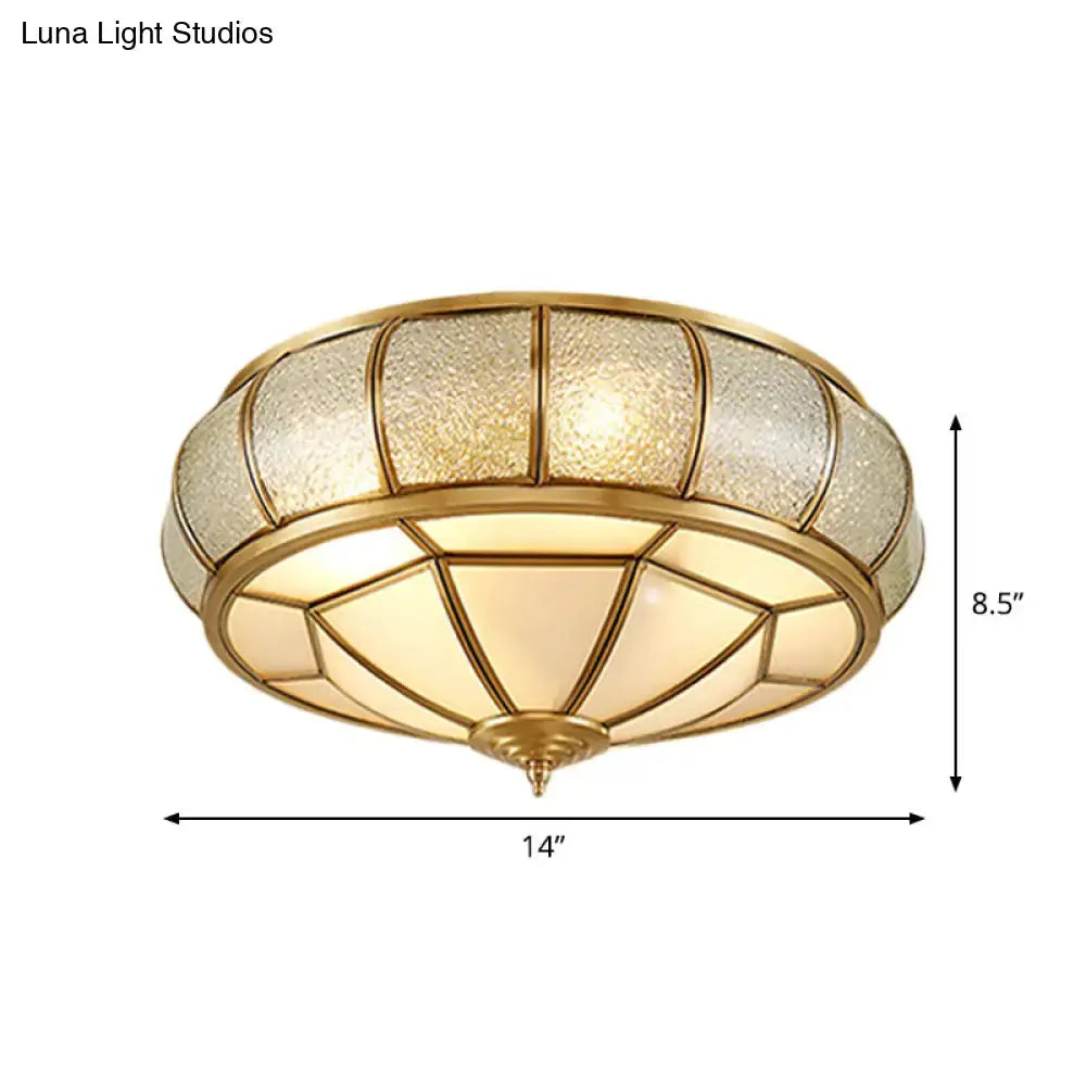 Vintage Scalloped Frosted Glass Flush Mount Light With Brass Finish - 3 Lights For Bedroom Ceiling