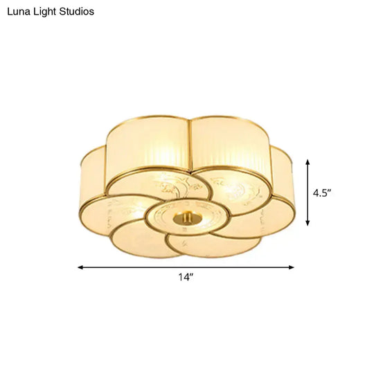 Vintage Scalloped Frosted Glass Flush Mount Light With Brass Finish - 3 Lights For Bedroom Ceiling