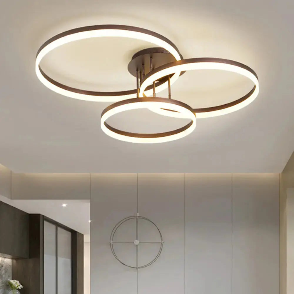 Sleek Spiral Design Coffee Hoop Ceiling Light - 3-Light Acrylic Led Semi Flush Mount Lamp In