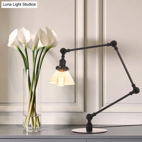 Adjustable Arm Industrial Table Lamp With Clear Glass Shade - Black/Brass Finish