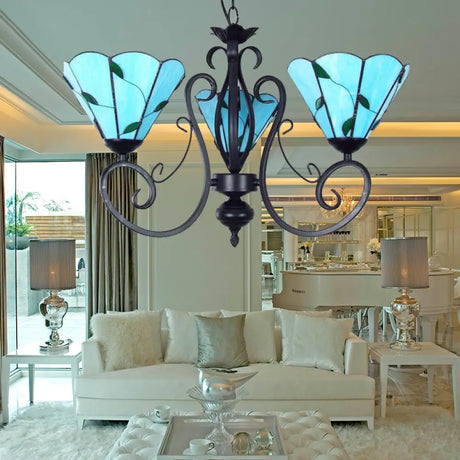 Adjustable Chain Vintage Glass Pendant Light - Leaf Ceiling Chandelier With 3 Lights In Blue/Clear
