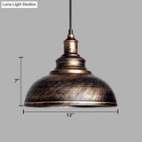Adjustable Cord Pendant With Metal Dome Shade In Retro Black/Gray - 12’/14’/16’ W