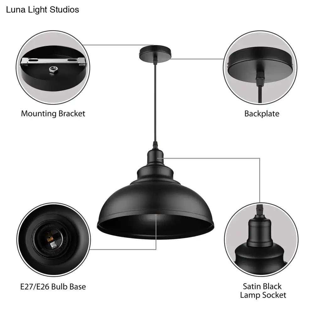 Adjustable Cord Pendant With Metal Dome Shade In Retro Black/Gray - 12’/14’/16’ W