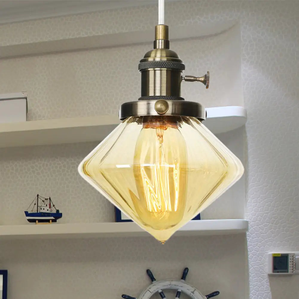 Adjustable Height Industrial Pendant Light With Diamond Glass Shade - Black/Bronze/Brass Finish