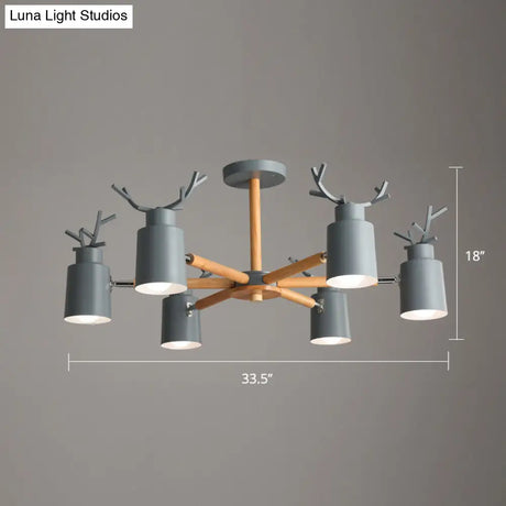 Adjustable Nordic Chandelier Light With Metal Antler Design Cylindrical Shade And Wooden Arm