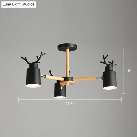 Adjustable Nordic Chandelier Light With Metal Antler Design Cylindrical Shade And Wooden Arm
