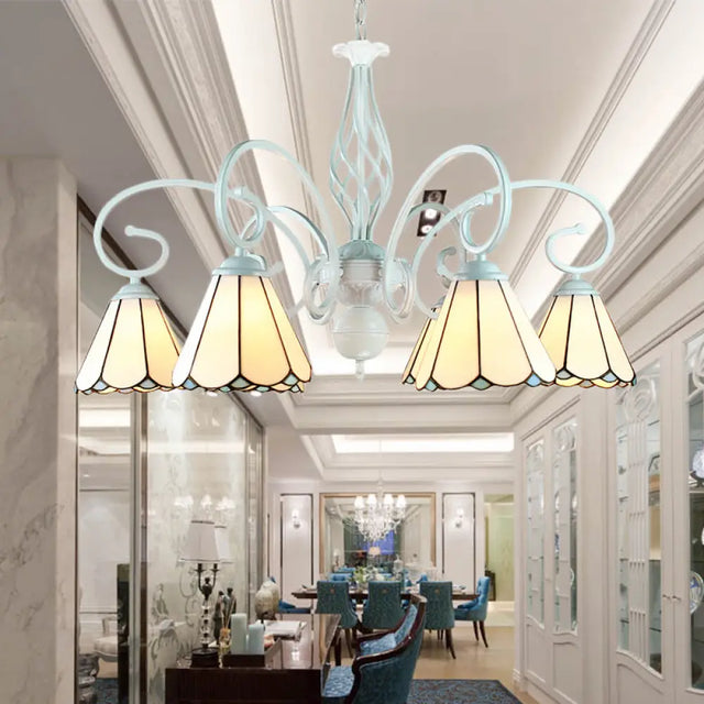 Adjustable Stained Glass Cone Pendant Chandelier With Metal Chain - 6/8 Lights In White Traditional