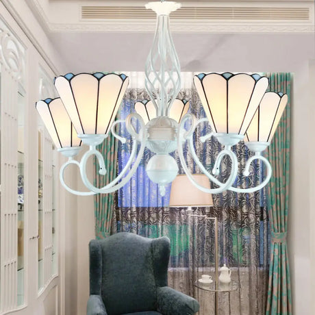 Adjustable White Glass Cone Chandelier With 5 Lights - Traditional Pendant Light For Bedroom