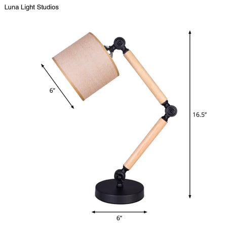 Adjustable Wood Arm Black Desk Light: Simple Cylinder Fabric Table Lamp For Bedroom - 1 Light