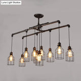 Aged Silver 6/10 Bulbs Industrial Cage Iron Pendant Light With Double Pipe Rod - Island Hanging Lamp