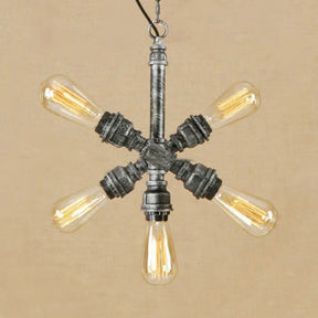 Aged Silver Industrial Style Open Bulb Chandelier With 5 Lights