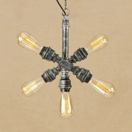 Aged Silver Industrial Style Open Bulb Chandelier With 5 Lights