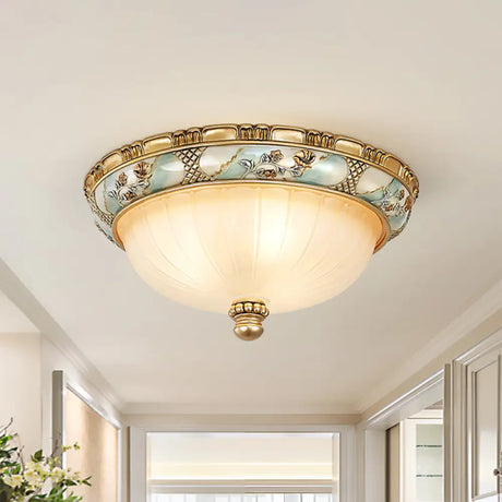 Amber Glass Flush Mount Ceiling Lamp - Traditional Dome Shade 3 Heads 15’/19’ Width Gold Finish