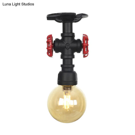 Amber Glass Semi Flush Industrial Ceiling Lamp - Global Black Finish