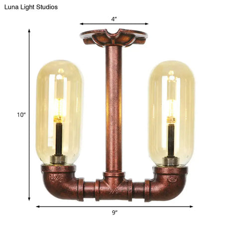 Amber Glass Semi Flush Industrial Dining Room Light Fixture In Weathered Copper - Capsule Shade 2 -