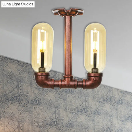 Amber Glass Semi Flush Industrial Dining Room Light Fixture In Weathered Copper - Capsule Shade 2 -