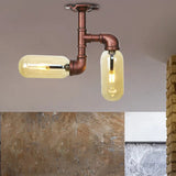 Amber Glass Semi Flush Industrial Dining Room Light Fixture In Weathered Copper - Capsule Shade 2 -