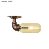 Amber Glass Semi Flush Oval Shade Light Fixture In Weathered Copper With Industrial Pipe Design For