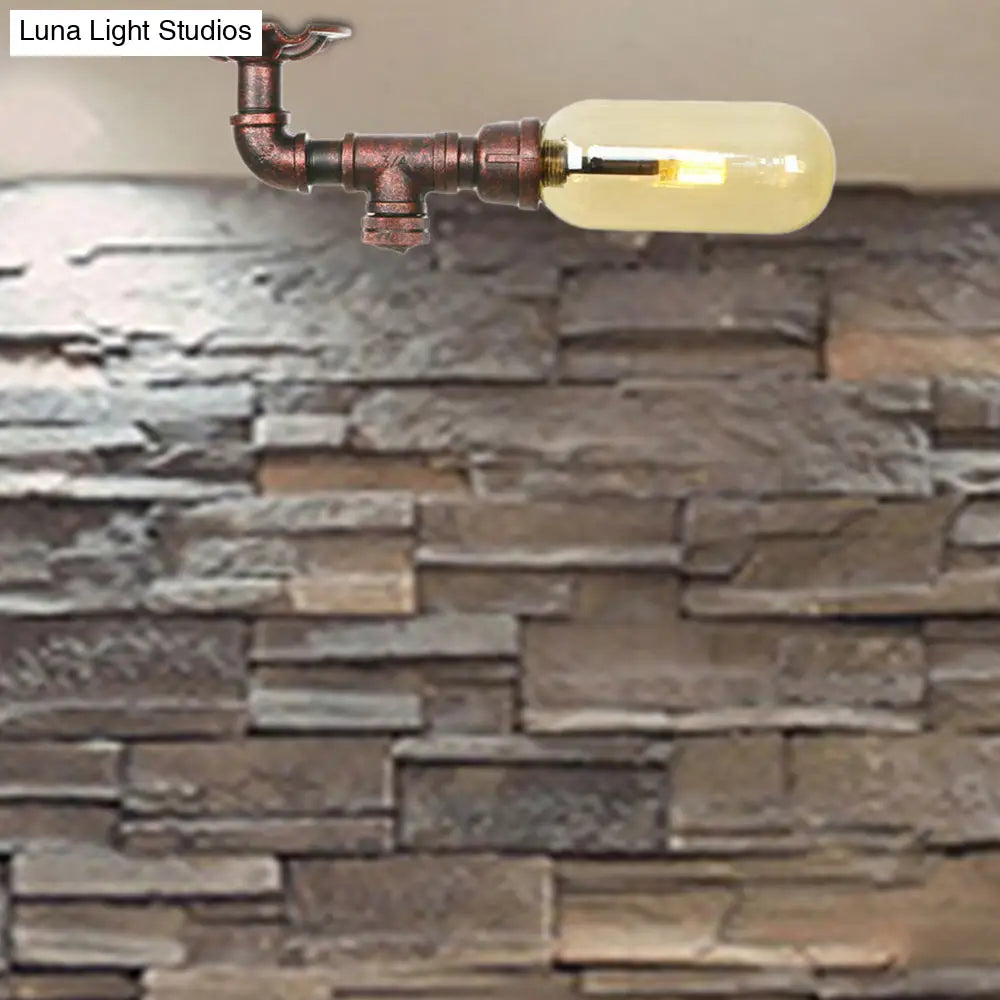 Amber Glass Semi Flush Oval Shade Light Fixture In Weathered Copper With Industrial Pipe Design For