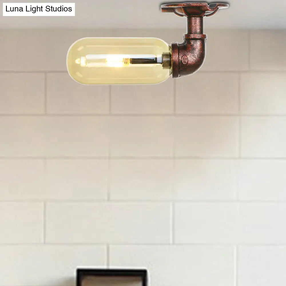 Amber Glass Semi Flush Oval Shade Light Fixture In Weathered Copper With Industrial Pipe Design For