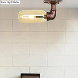 Amber Glass Semi Flush Oval Shade Light Fixture In Weathered Copper With Industrial Pipe Design For