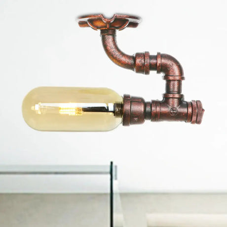 Amber Glass Semi Flush Oval Shade Light Fixture In Weathered Copper With Industrial Pipe Design For