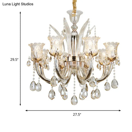 Amber Pendant Chandelier Light With Floral Clear Glass Shade - Modern Living Room Fixture 6/8-Bulb