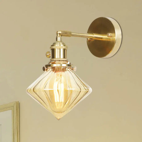 Amber Ribbed Glass Geometric Sconce - Retro Style Wall Light Fixture / 1