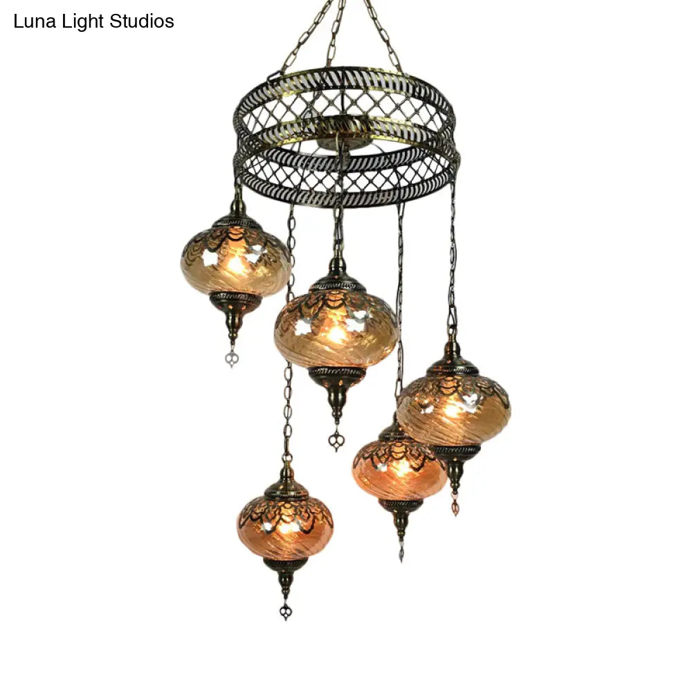 Amber Swirl Glass Pendant Light - Traditional Bronze Oval Chandelier For Living Room