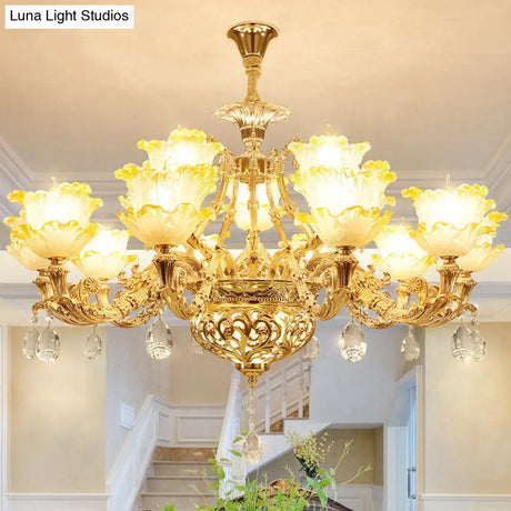 Amber Textured Glass Modernism Pendant Light Fixture - Petal Living Room Chandelier In Gold
