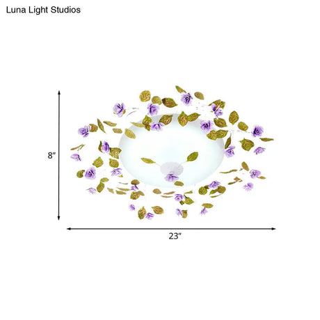 Ambient Led White Glass Semi Flush Ceiling Light - Countryside Purple Domed Design With Flower And