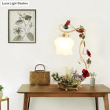 American Flower Night Light Table Lamp With Ruffle Frosted White Glass Shade In White/Red - 1-Head