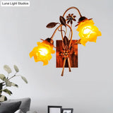 American Garden 2-Head Amber Glass Flower Wall Lamp With Rust Bent Arm - Bedroom Sconce Light