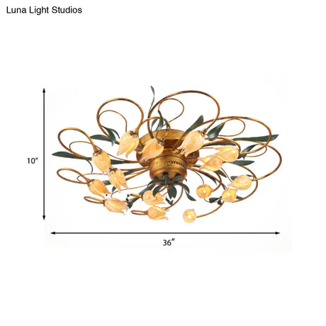 American Garden Bedroom Ceiling Light With 8/15 Led Heads And Frosted Glass In Brass Finish