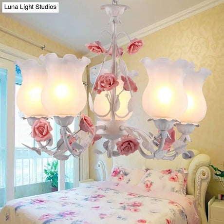 American Garden Flower Chandelier Light - 5-Light White Pendant Ceiling Fixture With Frosted Glass