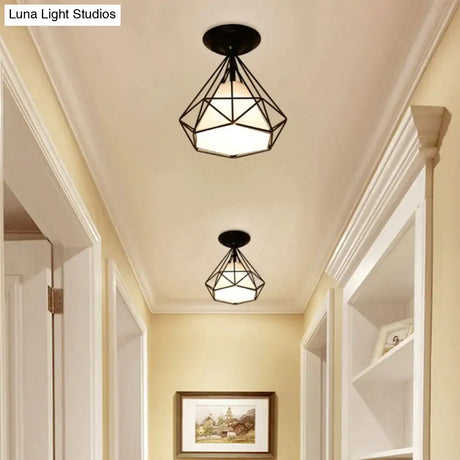 American Vintage Loft Led Ceiling Light Lamp Iron Cage Pyramid Corridor Entrance Balcony Bar