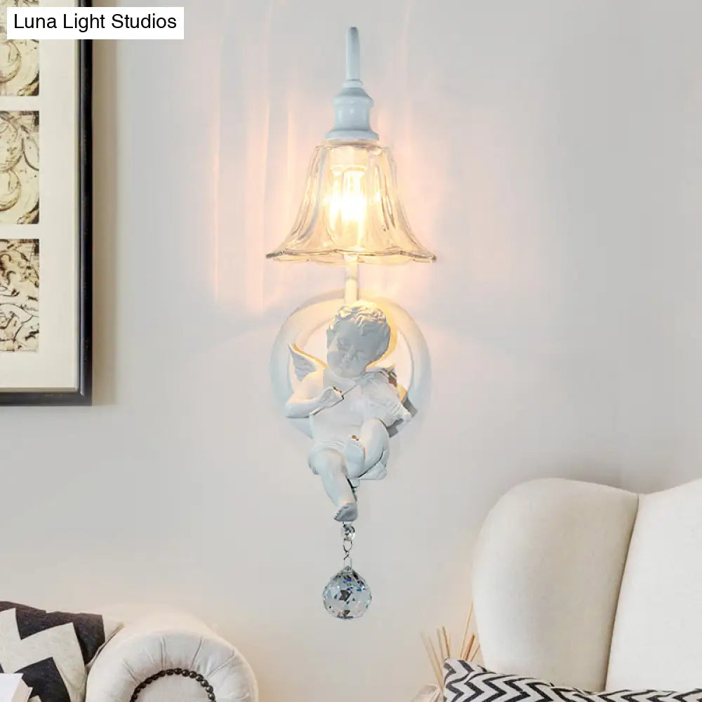 Angel Cream Wall Light Decorative 1-Head Resin Lamp - Flower Glass Shade & Crystal Orb