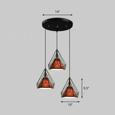 Antique 3-Head Fabric Conical Hanging Light: Stylish Dining Room Pendant With Diamond Cage Coffee /