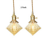 Antique Amber Ribbed Glass Hanging Light - Adjustable Single Ceiling Pendant / 2