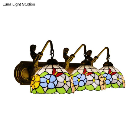Antique Brass Peony Sconce Lighting With Tiffany Blue/Pink Glass - Wall Mounted 3 Lights