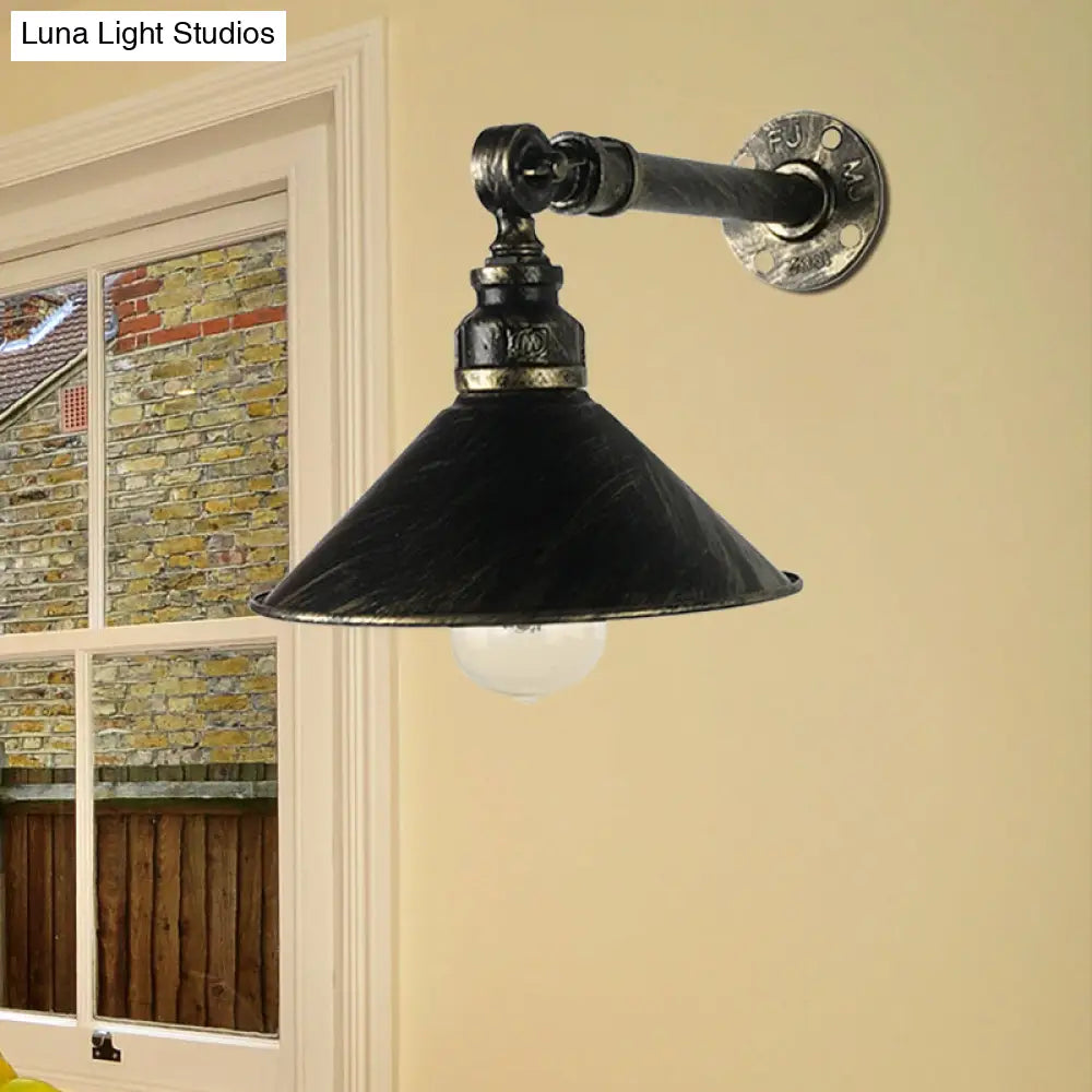 Antique Brass Wall Mounted Sconce Vintage Lamp For Restaurants - Metal Cone Shade 1-Bulb Lighting