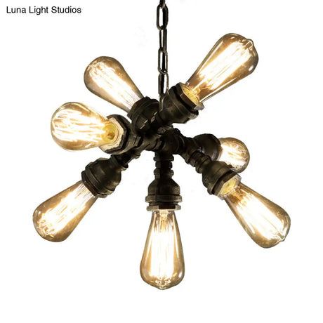 Antique Bronze Chandelier With 7 Bulbs – Vintage Metal Pipe Pendant Light Fixture