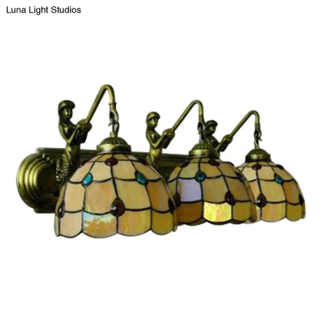 Antique Bronze Wall Sconce Light With Tiffany Yellow Glass And Grid Pattern - 1 Head Fixture