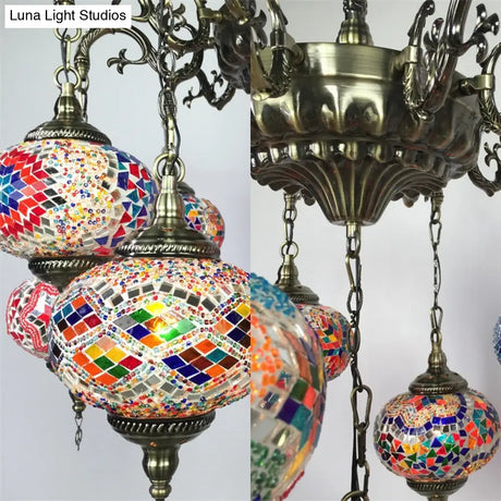 Antique Curved Arm Bronze Chandelier With 11 Glass Shades Global Colorful Hanging Light Kit