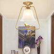 Antique Gold Frosted Glass Ceiling Light: Bell-Shaped Vintage Semi Flush With Cage & Bird Design